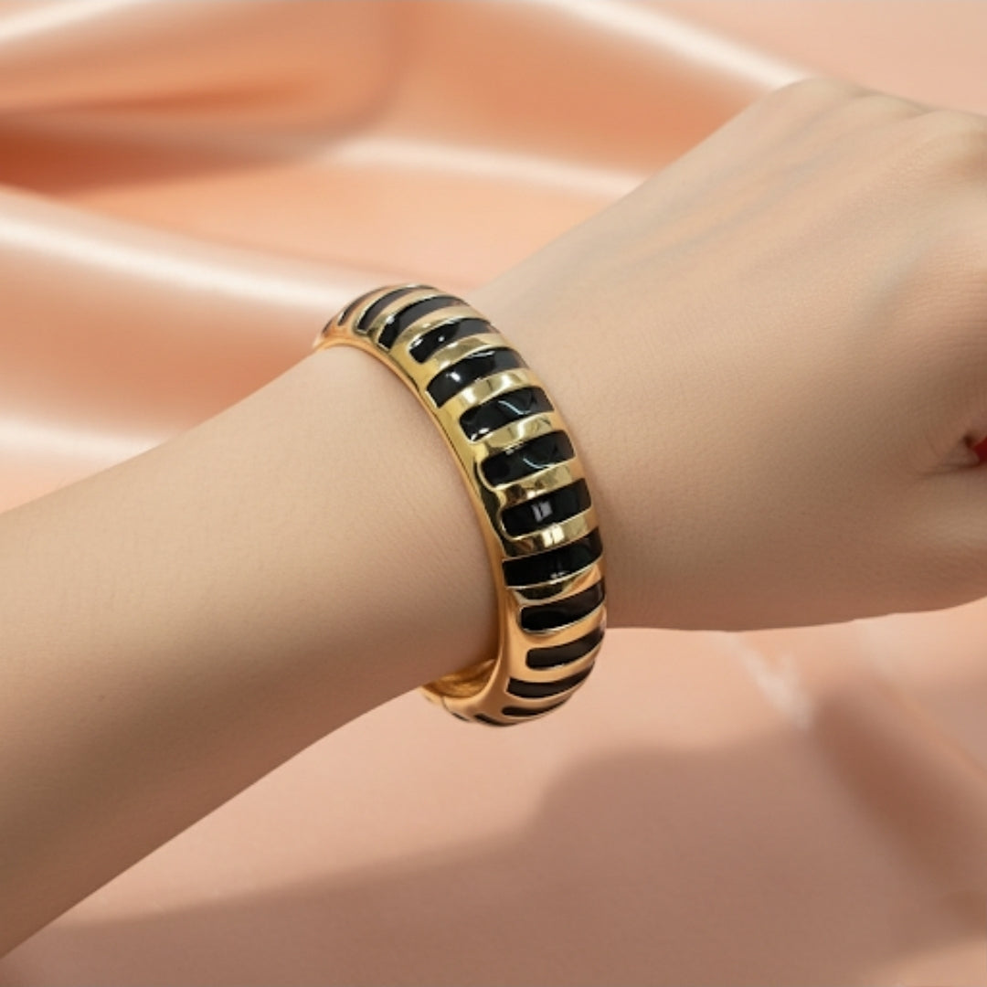 Gold and Black Enamel Bracelet – Luxury Wide Statement Bangle for Women