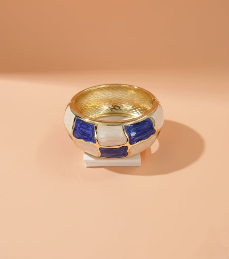 Gold, Blue, and White Enamel Bracelet – Chunky Wide Statement Bangle for Women