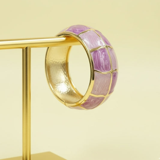 Pink and Gold Enamel Bracelet – Chunky Wide Statement Bangle for Women