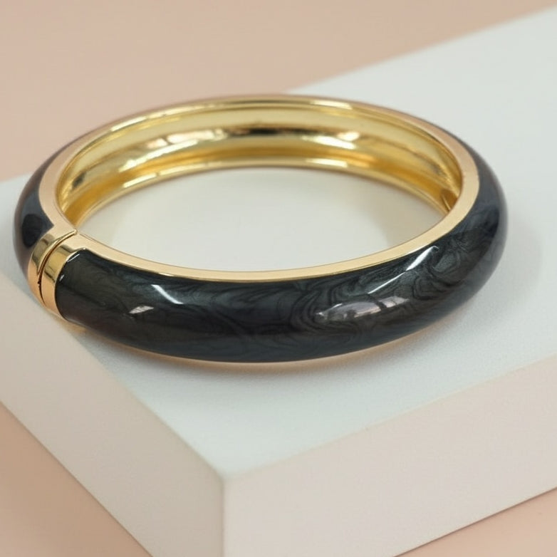 Black Enamel Bangle Bracelet – Slim Gold Plated Elegant Jewelry for Women