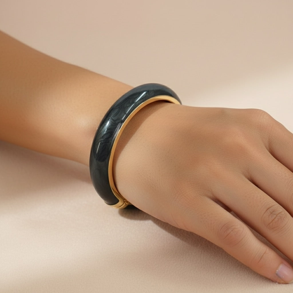 Black Enamel Bangle Bracelet – Slim Gold Plated Elegant Jewelry for Women