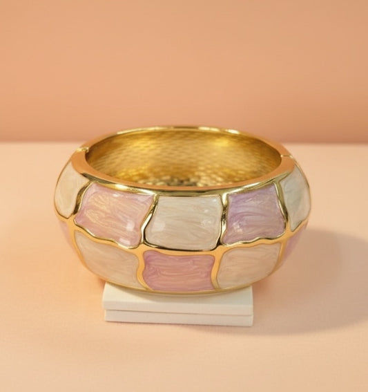 Pink and White Enamel Bracelet – Gold Chunky Wide Bangle for Women