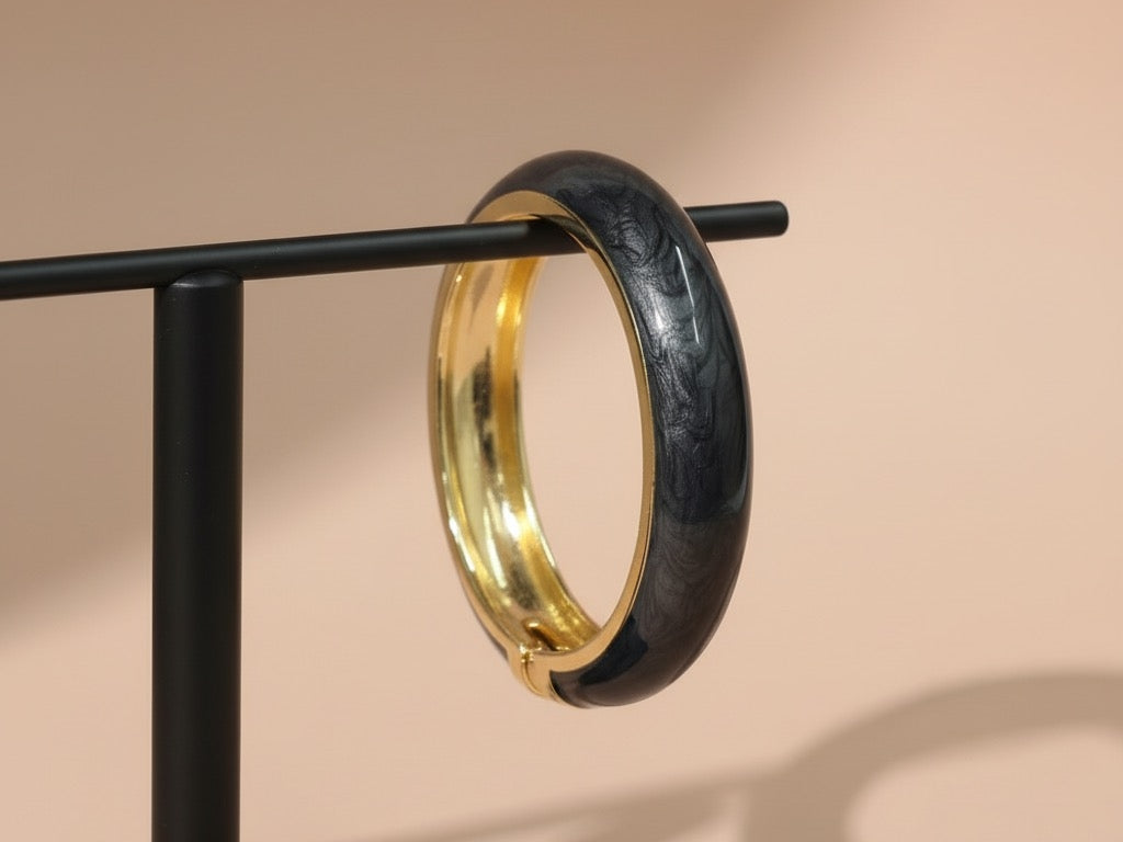Black Enamel Bangle Bracelet – Slim Gold Plated Elegant Jewelry for Women
