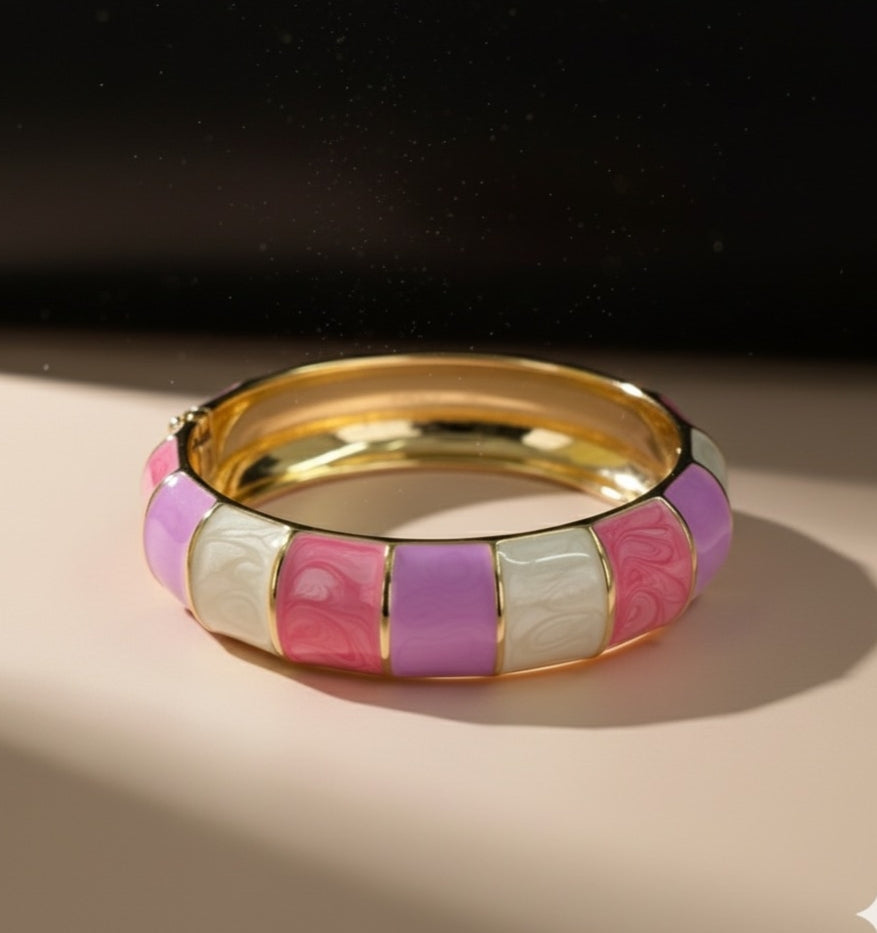 Pink, Purple & White Enamel Bracelet – Pastel Gold Wide Bangle for Women
