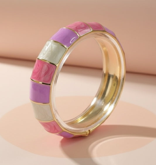 Pink, Purple & White Enamel Bracelet – Pastel Gold Wide Bangle for Women
