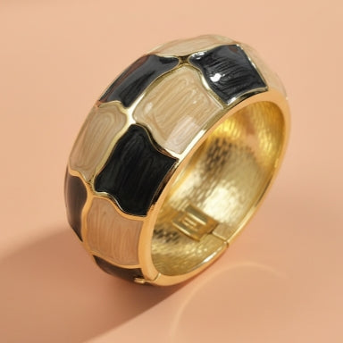 Black and Beige Enamel Bracelet – Gold Wide Chunky Bangle for Women