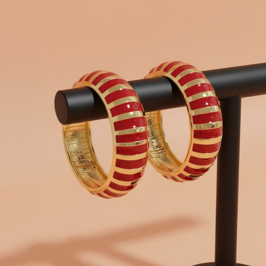 Red and Gold Enamel Bracelet – Wide Striped Statement Bangle for Women