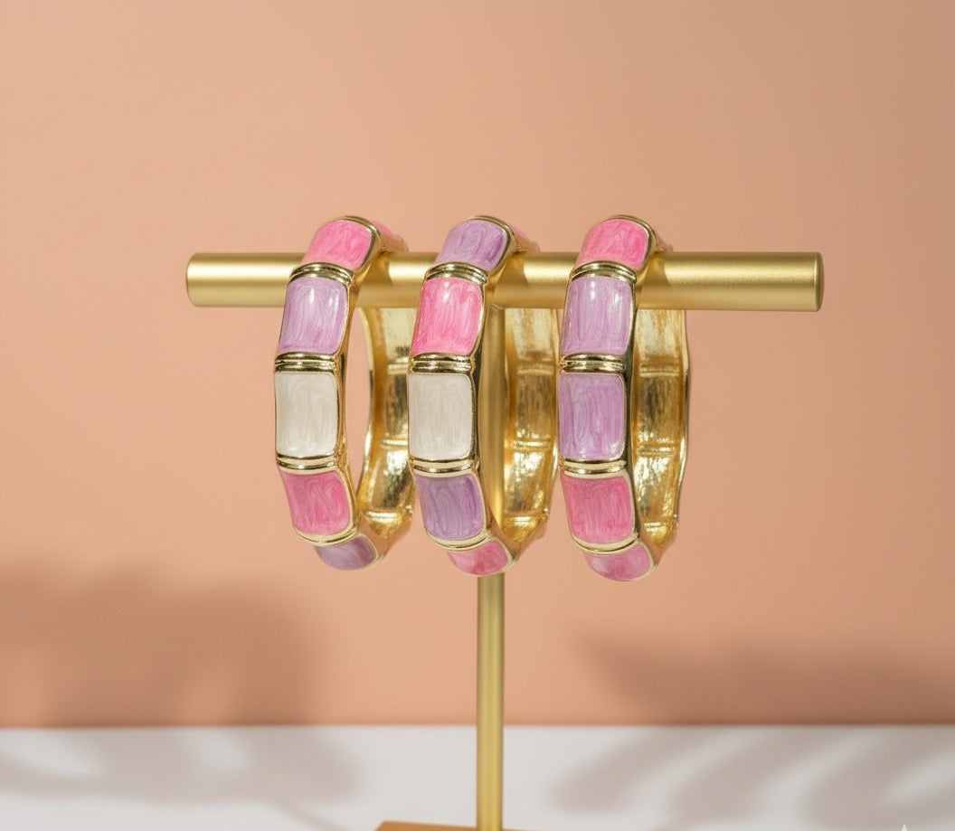 Pastel Pink & Purple Enamel Bracelet – Gold Plated Chunky Bangle for Women