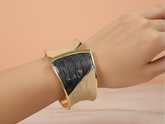 Black & Beige Enamel Open Cuff Bracelet – Gold Plated Statement Bangle