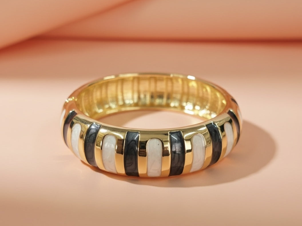 Black and White Enamel Bracelet – Gold Plated Striped Bangle for Women