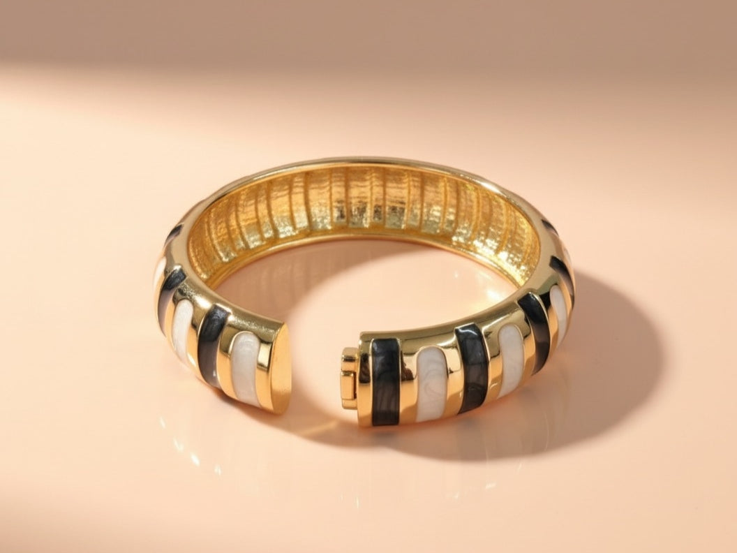 Black and White Enamel Bracelet – Gold Plated Striped Bangle for Women