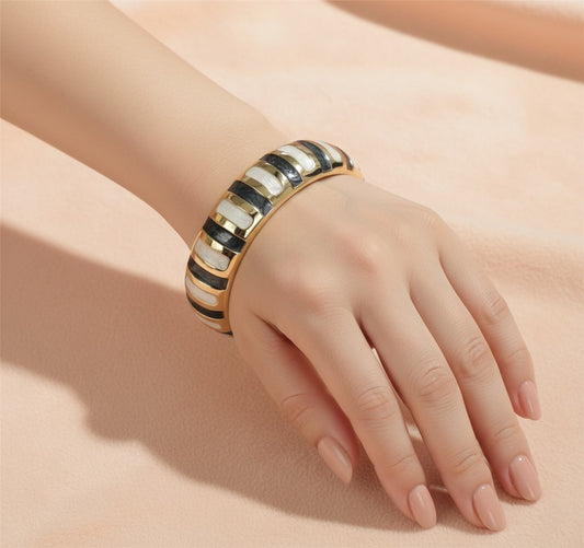Black and White Enamel Bracelet – Gold Plated Striped Bangle for Women