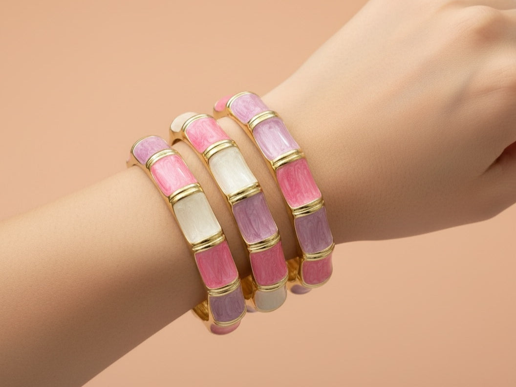 Pastel Pink & Purple Enamel Bracelet – Gold Plated Chunky Bangle for Women