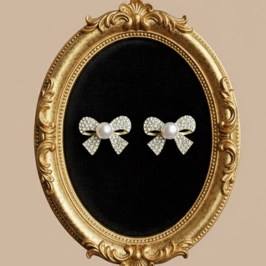 Elegant Anti-Tarnished Bow Pearl Stud Earrings – Gold Plated Crystal Design