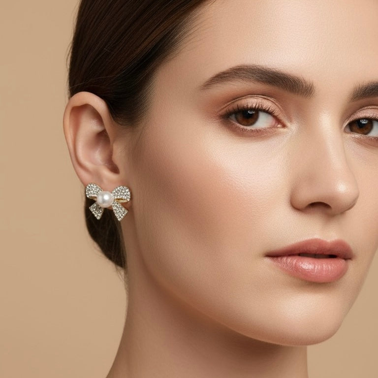 Elegant Anti-Tarnished Bow Pearl Stud Earrings – Gold Plated Crystal Design