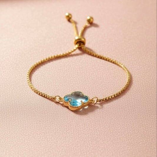 Adjustable Clover Bracelet with Blue Crystal