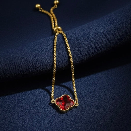 Adjustable Clover Bracelet with Red Crystal