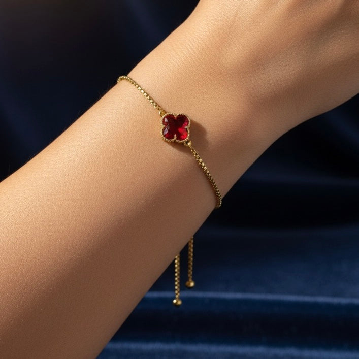 Clover Bracelet with Red Crystal