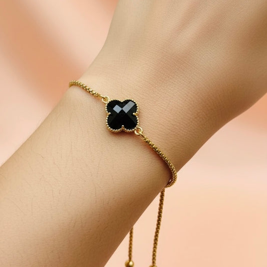 Adjustable Clover Bracelet with Black Crystal