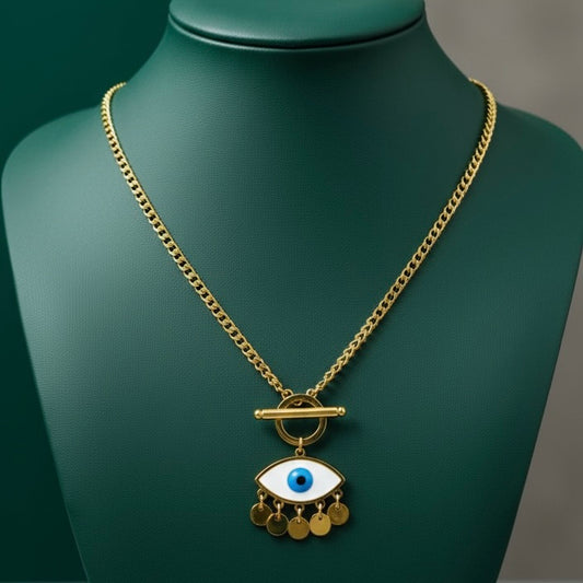 Anti-Tarnish Gold Evil Eye Pendant Necklace with Blue Enamel – Protection & Style