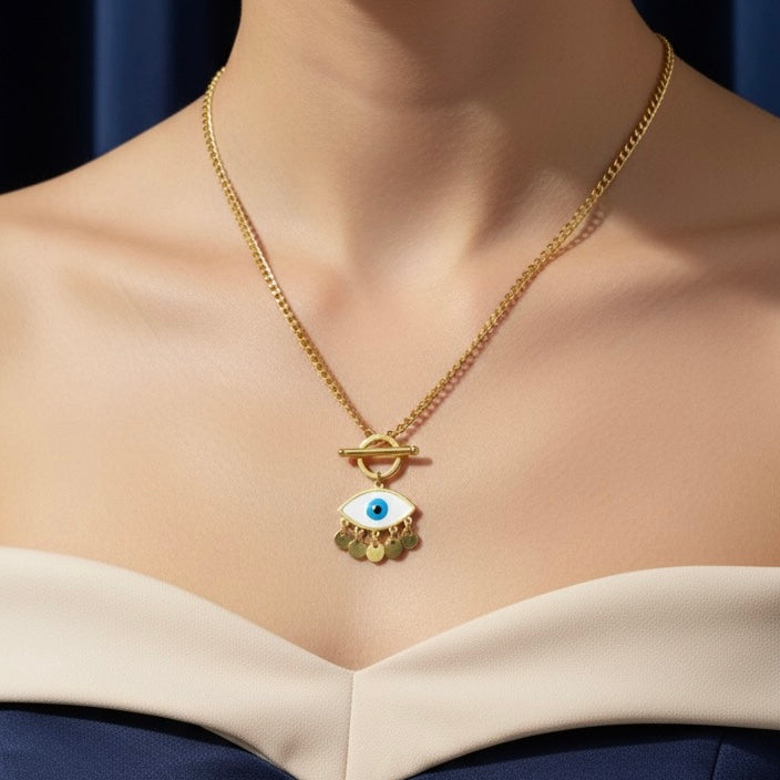 Anti-Tarnish Gold Evil Eye Pendant Necklace with Blue Enamel – Protection & Style
