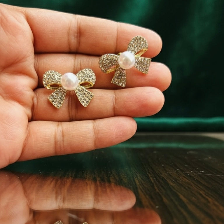Elegant Anti-Tarnished Bow Pearl Stud Earrings – Gold Plated Crystal Design