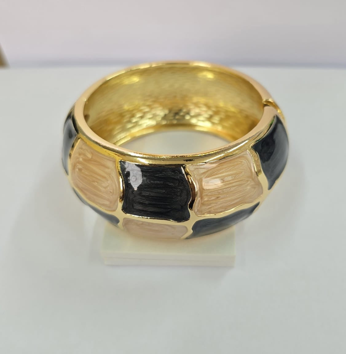 Black and Beige Enamel Bracelet – Gold Wide Chunky Bangle for Women