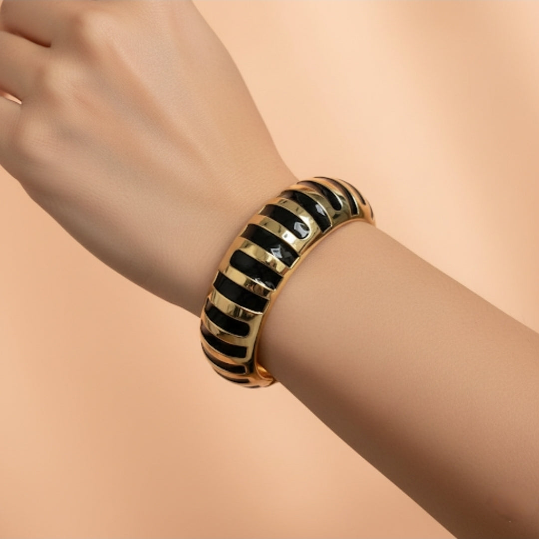 Gold and Black Enamel Bracelet – Luxury Wide Statement Bangle for Women