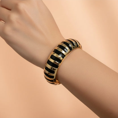 Gold and Black Enamel Bracelet – Luxury Wide Statement Bangle for Women