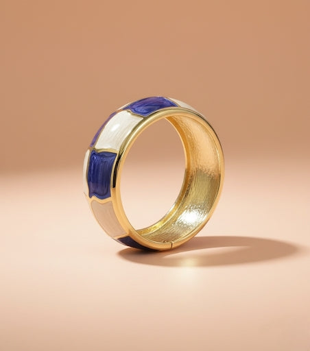 Gold, Blue, and White Enamel Bracelet – Chunky Wide Statement Bangle for Women