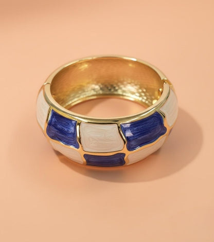 Gold, Blue, and White Enamel Bracelet – Chunky Wide Statement Bangle for Women