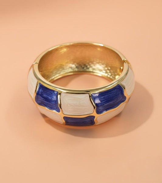 Gold, Blue, and White Enamel Bracelet – Chunky Wide Statement Bangle for Women