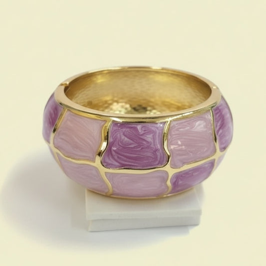 Pink and Gold Enamel Bracelet – Chunky Wide Statement Bangle for Women