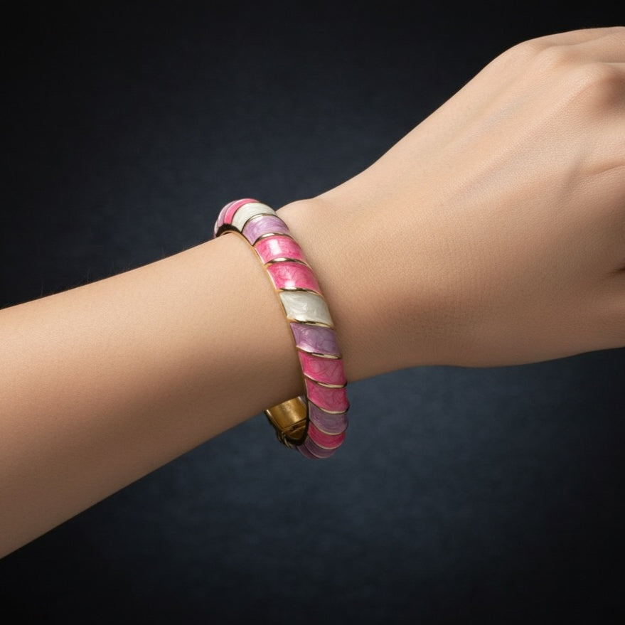 Multicolor Enamel Bracelet – Pink, Purple & White Gold-Tone Bangle for Women