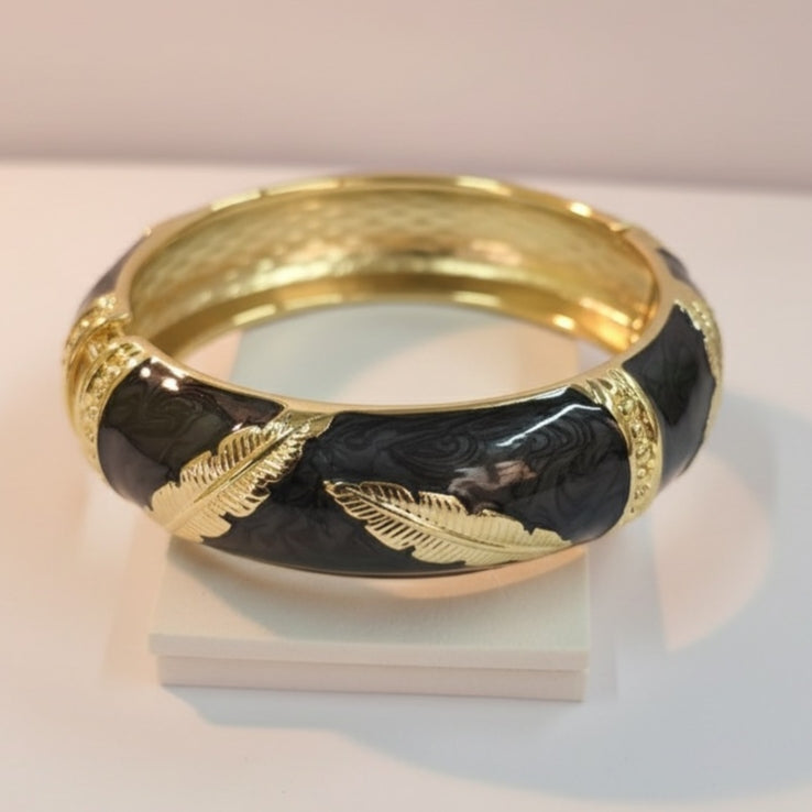 Black Enamel Bracelet with Gold Feather Design – Luxury Wide Statement Bangle for Women