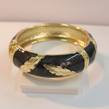 Black Enamel Bracelet with Gold Feather Design – Luxury Wide Statement Bangle for Women