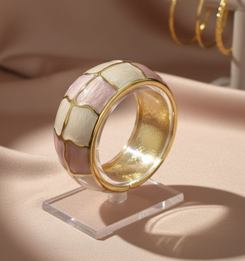 Pink and White Enamel Bracelet – Gold Chunky Wide Bangle for Women