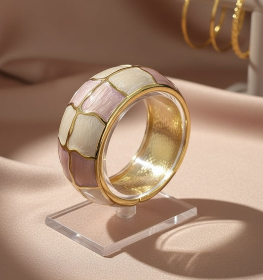 Pink and White Enamel Bracelet – Gold Chunky Wide Bangle for Women