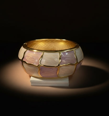 Pink and White Enamel Bracelet – Gold Chunky Wide Bangle for Women