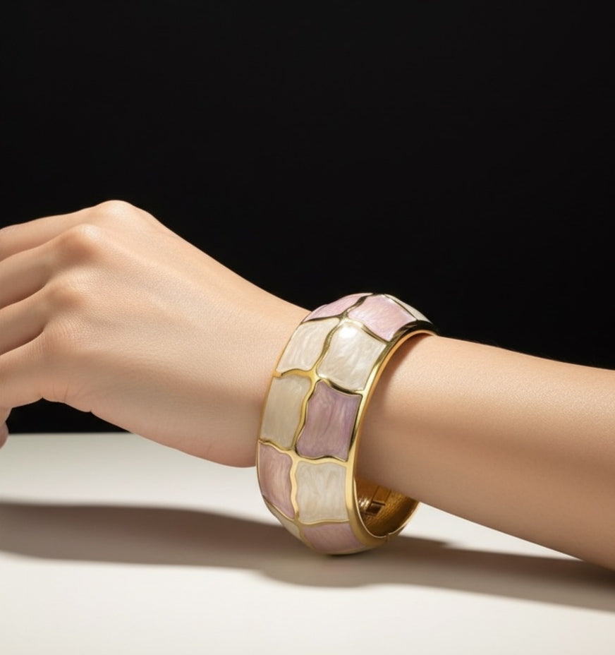 Pink and White Enamel Bracelet – Gold Chunky Wide Bangle for Women