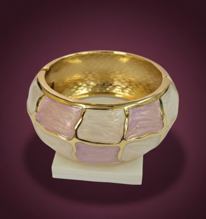 Pink and White Enamel Bracelet – Gold Chunky Wide Bangle for Women