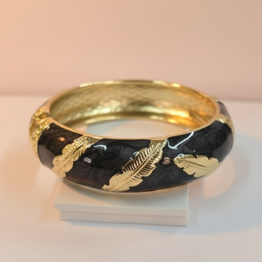 Black Enamel Bracelet with Gold Feather Design – Luxury Wide Statement Bangle for Women