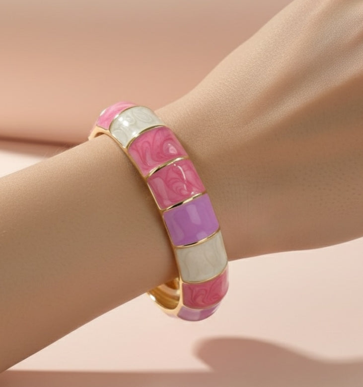 Pink, Purple & White Enamel Bracelet – Pastel Gold Wide Bangle for Women