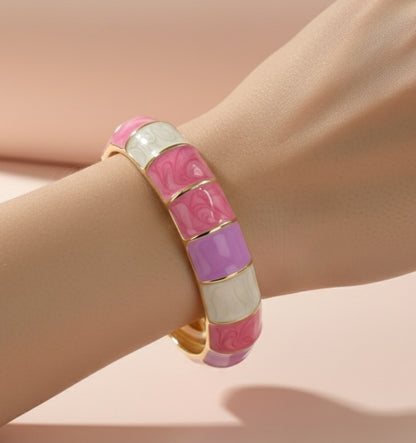 Pink, Purple & White Enamel Bracelet – Pastel Gold Wide Bangle for Women