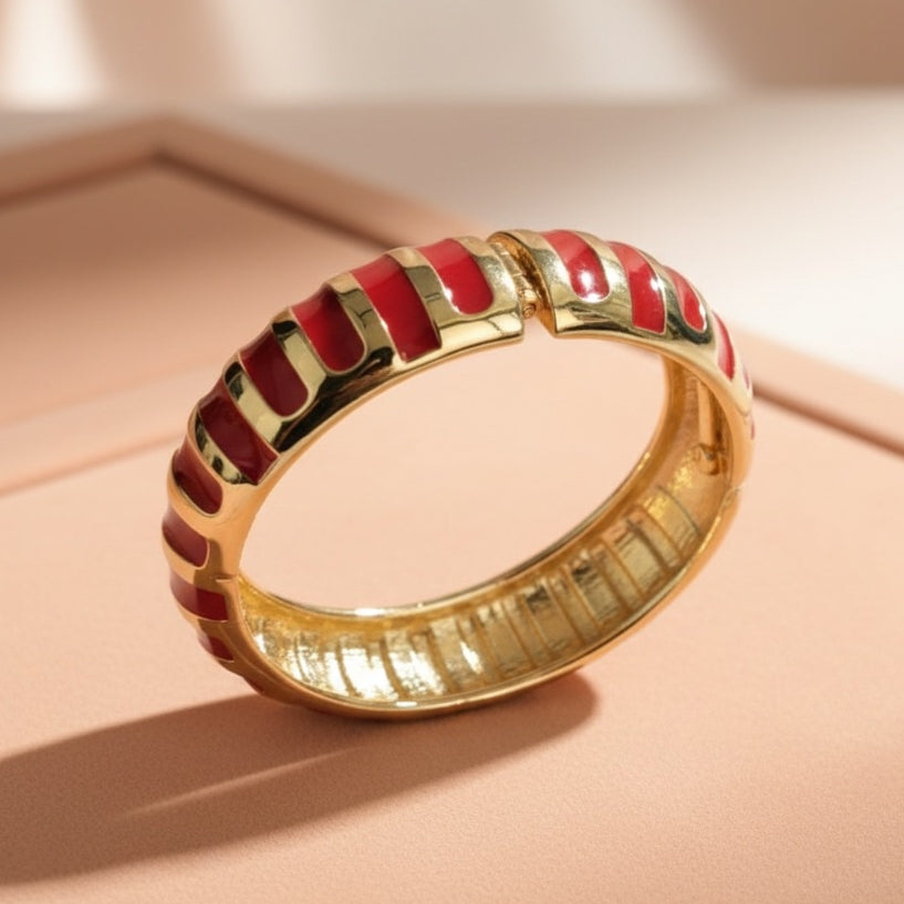 Red and Gold Enamel Bracelet – Wide Striped Statement Bangle for Women