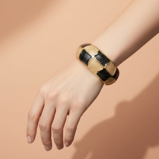Black and Beige Enamel Bracelet – Gold Wide Chunky Bangle for Women