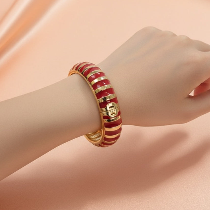 Red and Gold Enamel Bracelet – Wide Striped Statement Bangle for Women