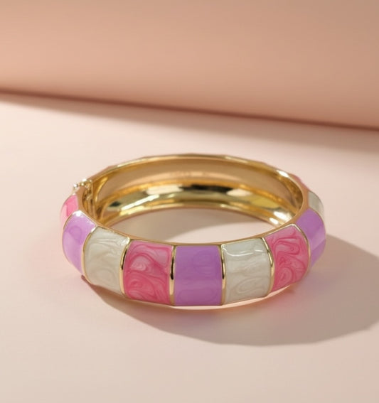 Pink, Purple & White Enamel Bracelet – Pastel Gold Wide Bangle for Women