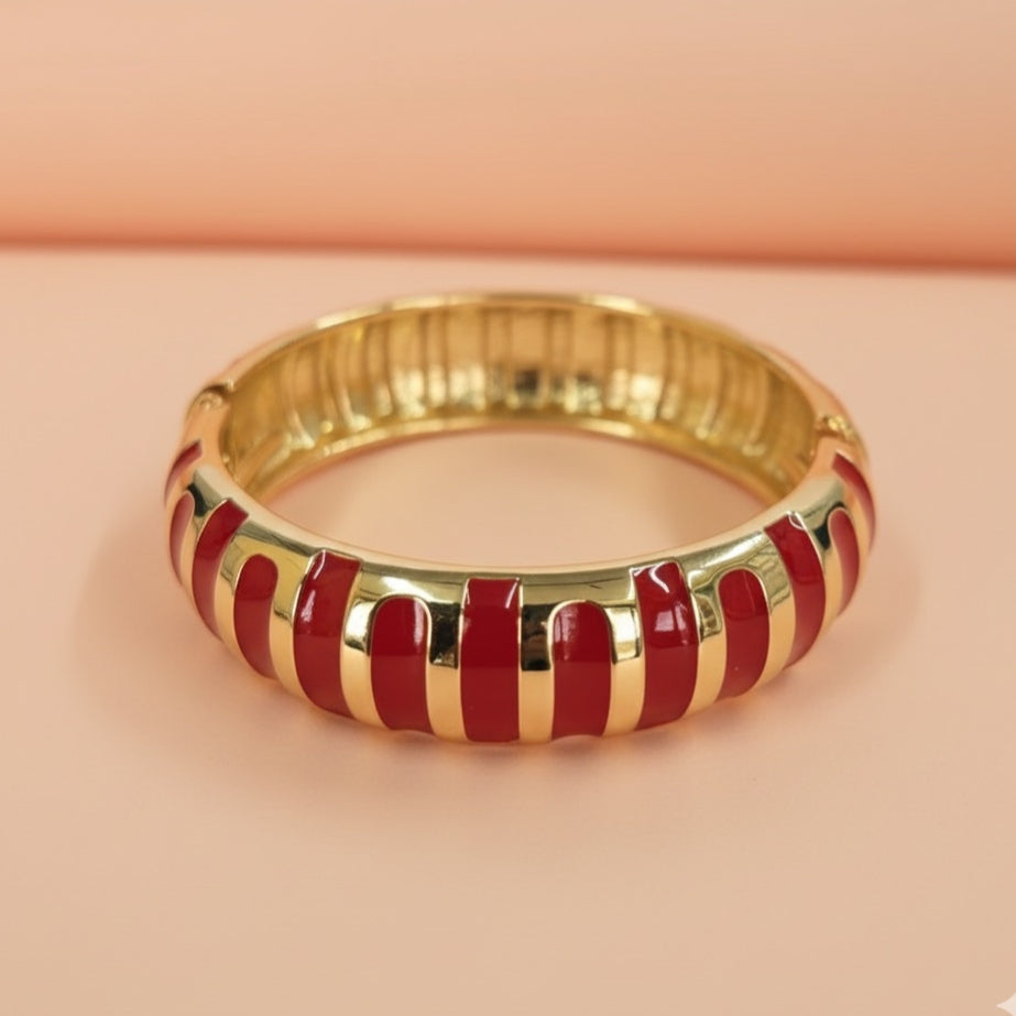 Red and Gold Enamel Bracelet – Wide Striped Statement Bangle for Women