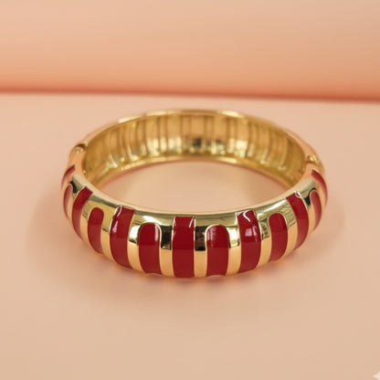 Red and Gold Enamel Bracelet – Wide Striped Statement Bangle for Women